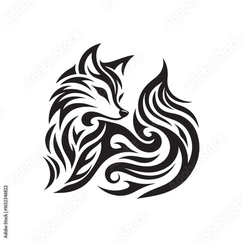 Tribal Tattoo Style Arctic Fox Silhouette with Flame Feather Details and Curved Lines for Cricut and Laser Cut Crafts