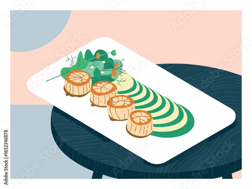 Seared scallops with avocado puree and greens on a white plate seafood shellfish