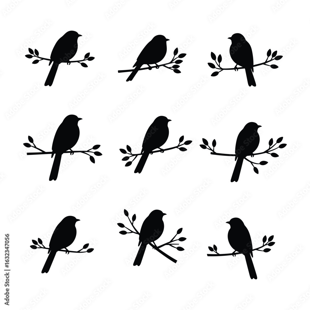 Obraz premium Collection of nine minimalist bird silhouettes perched on delicate tree branches. Vector graphic set of small birds on twigs with leaves, representing nature and spring.