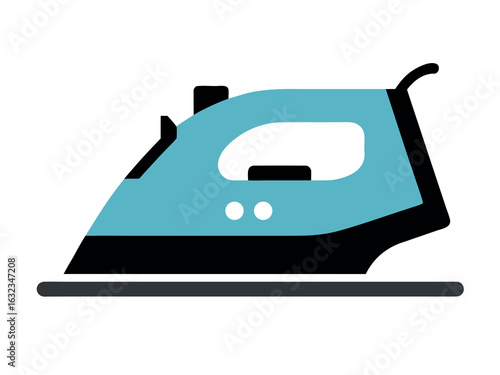 Minimalist flat design of a blue and black steam iron on a gray surface clothing care