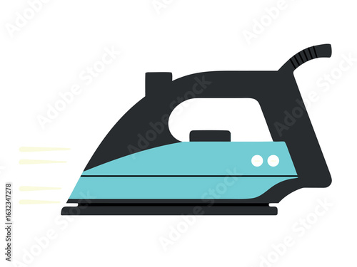 Flat design illustration of a blue and black steam iron with motion lines clothing care
