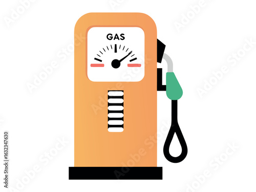 Orange gas pump with gauge and black hose on white background fuel dispenser petrol station
