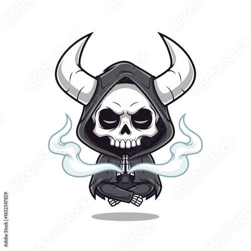 A mystical cartoon skeleton in a horned hooded cloak levitates with hands in prayer, surrounded by magical smoke and arcane symbols. Dark, powerful, and spiritual.