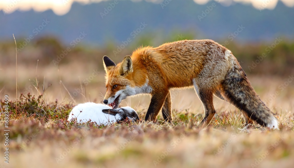 Fototapeta premium Red fox hunting and consuming a white rabbit in a natural environment landscape wildlife moment