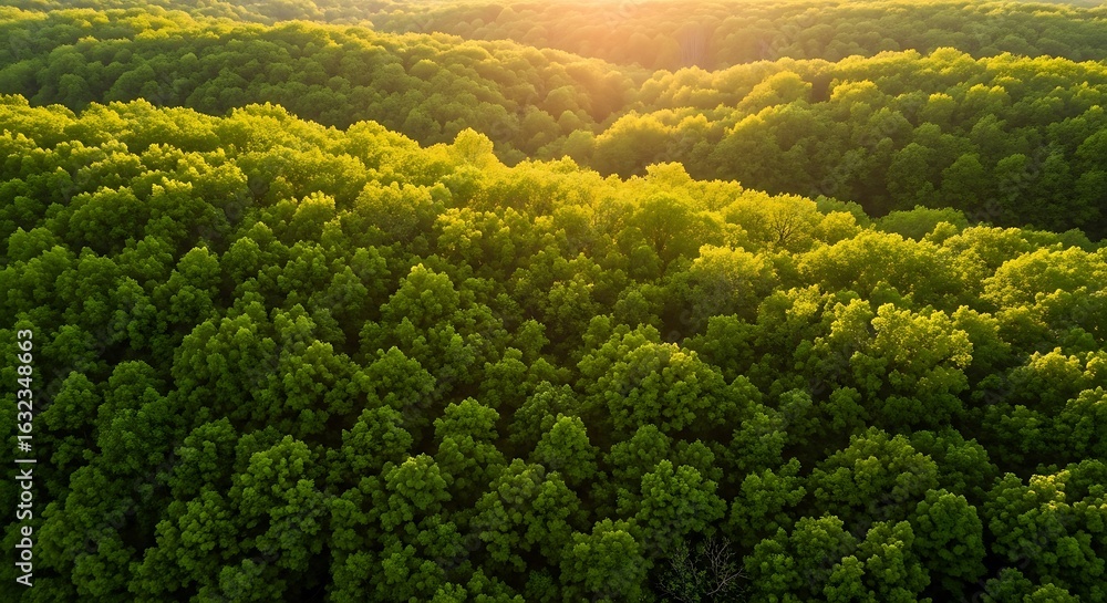 Naklejka premium Golden Hour Sunlight Illuminates Vast Lush Green Forest Canopy
