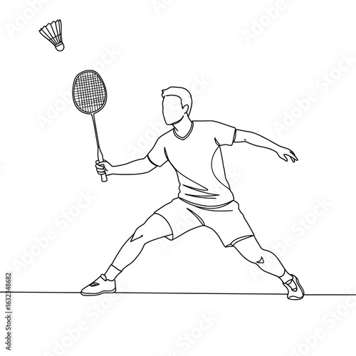 A male badminton player in a dynamic athletic stance prepares to hit the shuttlecock with his racket.