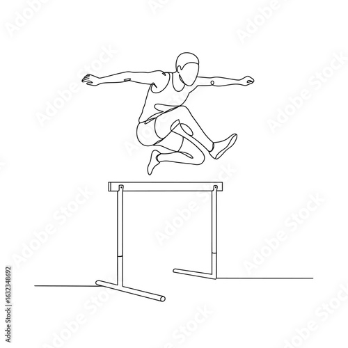 A continuous single line drawing shows a male athlete in mid-air, gracefully jumping over a hurdle.