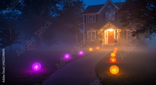 House illuminated with Halloween lights on a foggy night pathway lined with glowing lanterns