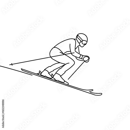 A minimalist line art illustration of an alpine skier in a tucked position, racing downhill on a slope.