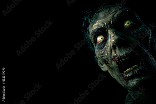 A close-up of a terrifying zombie with glowing eyes in a dark environment, evoking horror