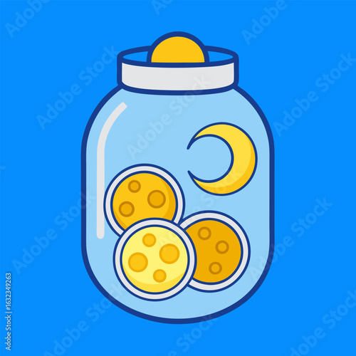 Glass donation jar with coins and moon, clean vector charity background