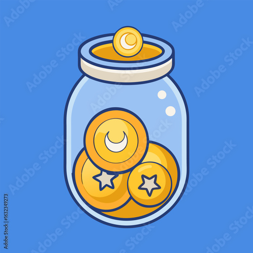 A transparent glass jar filled with golden coins illuminated by a soft crescent moon symbolizing financial growth and charitable giving