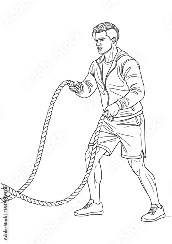 A man in sportswear pulling a heavy battle rope during a workout, drawn with a single line.