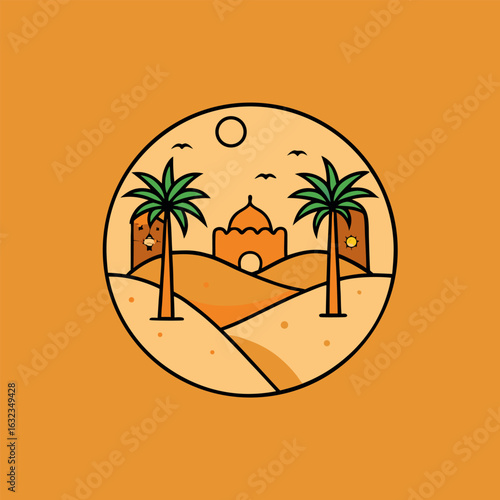 A serene desert landscape illustration featuring iconic palm trees silhouetted against a vast expanse of rolling sand dunes under a clear sky evoking a sense of tranquility and exoticism