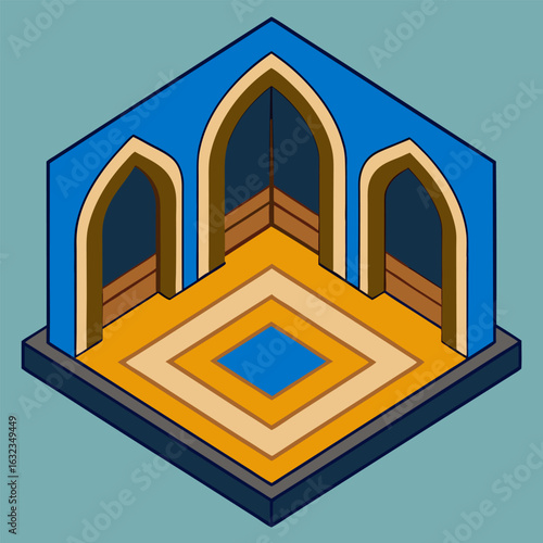 Isometric vector illustration of a serene mosque interior showcasing architectural details and a peaceful atmosphere for prayer and contemplation