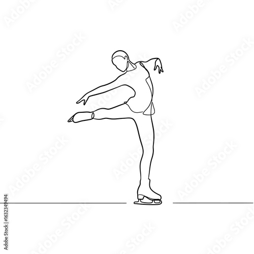 A continuous single line drawing of a graceful figure skater performing a dynamic pose on ice.