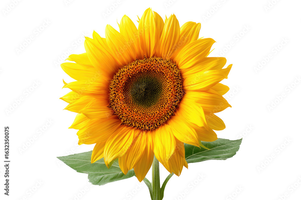 Fototapeta premium Close-up of a vibrant yellow sunflower against a black background. Bright petals radiate outward from a dark brown center. Green leaves are visible near the stem