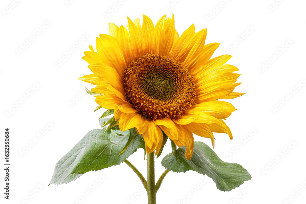 Fototapeta premium Close-up of a vibrant sunflower. Bright yellow petals encircle a dark brown center. Green leaves emerge from a light brown stem. Isolated on black background