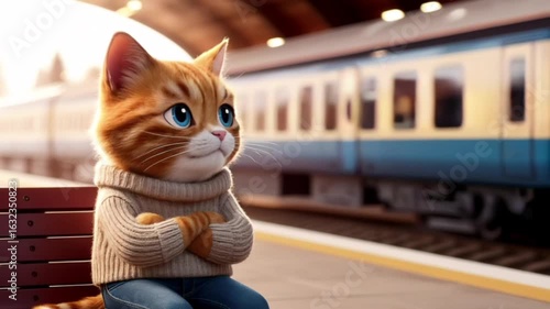 cat waiting at train station with arriving train for use in travel, storytelling, or animal themed projects
