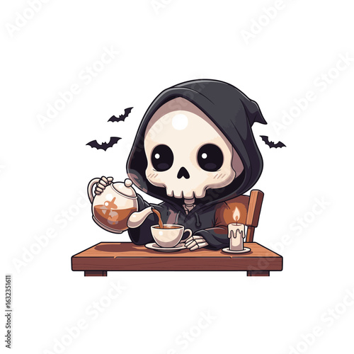 A cute cartoon skeleton in a hooded cloak calmly pouring tea at a wooden table, with a candle and bats flying around, creating a spooky yet cozy atmosphere.