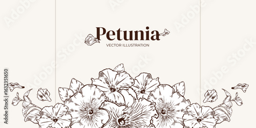 Floral banner of petunia buds with leaves vector illustration in engraving style. Floral frames in monochrome for wedding invitation, spring card. Horizontal borders botanical hand drawn illustration