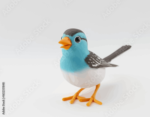 3d Colorful beautiful small bird vector. A high-quality, professional vector features a detailed figurine of a cartoonish blue and white bird. The bird, standing on a clean white surface.