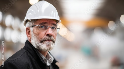 An older man with a white hard hat and glasses, serious and focused,