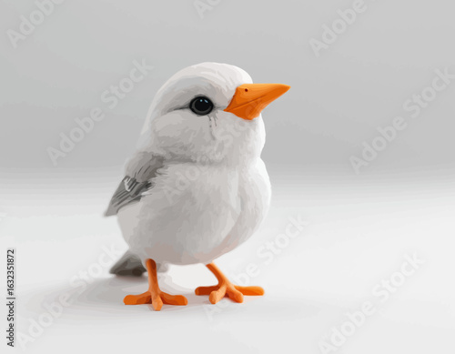 3d Colorful beautiful small bird vector. A high-quality, professional vector features a detailed figurine of a cartoonish blue and white bird. The bird, standing on a clean white surface.
