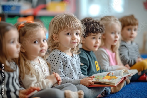 Happy Kindergarten Kids Engaged in Reading Lesson