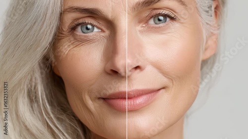 Closeup of mature woman face divided in half showing wrinkles versus smooth skin, anti aging concept. 4K video