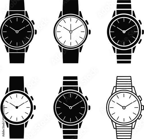 Six black and white silhouette wristwatches with different watchbands time clock