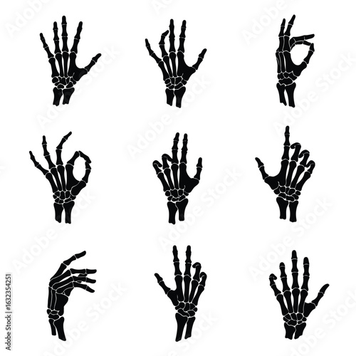 A comprehensive set of black silhouette skeleton hands making various gestures. Conceptual anatomical illustrations of human hand bones.