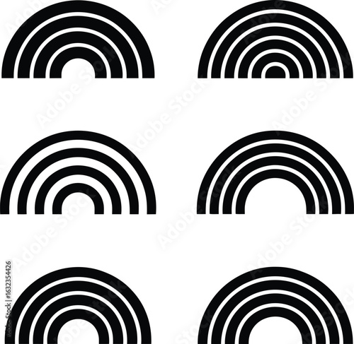 Six black concentric semicircle rainbow icons on white background curve stripe
