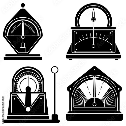 Illustration of four different vintage weighing scales with needles and measuring displays in black and white