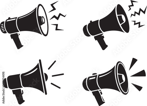 Megaphone Silhouette Vector Icon, Solid Black Announcement Symbol, Megaphone icon vector illustration on white background for communication and announcement.