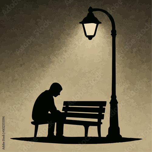Elderly couple sits on a park bench under a lamppost, their silhouettes illuminated by the warm light
