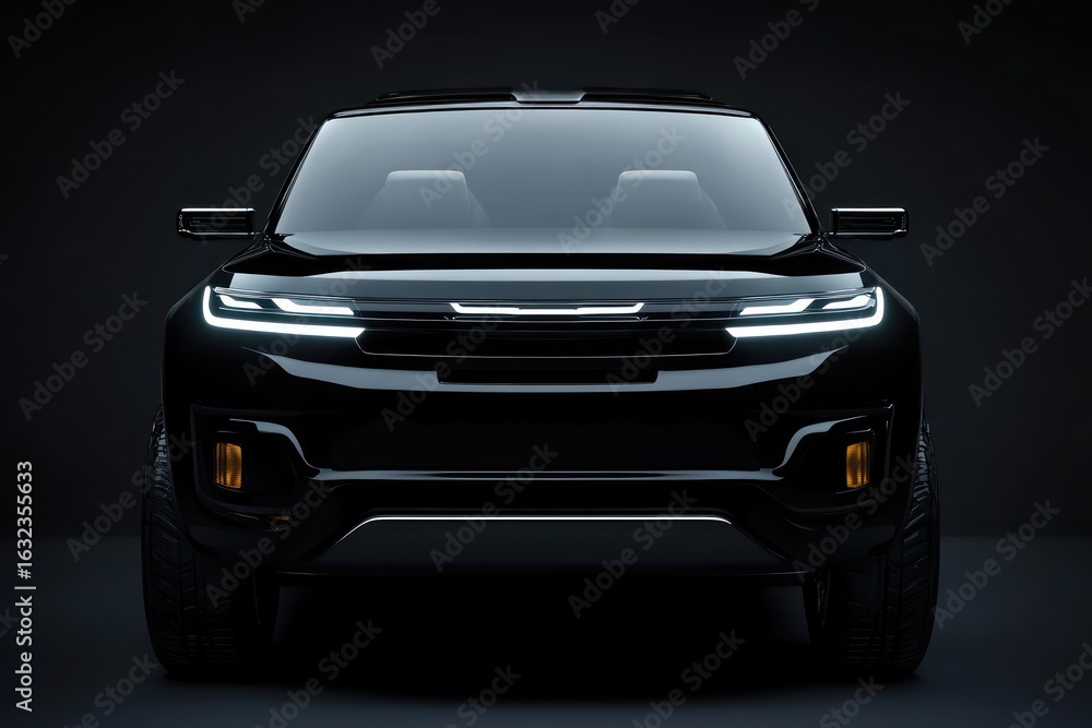 Naklejka premium Sleek SUV front view on black background