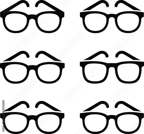 Six black silhouette icons of eyeglasses and spectacles eyewear vision
