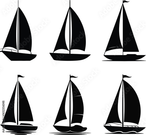 Six black silhouette sailboats on white background vector sailing water