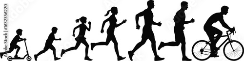Evolution of physical activity, childhood to adulthood, scooter, running, cycling, fitness journey, health, exercise, growth, silhouette, illustration, motion, 