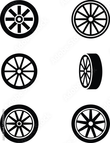 Six black wheel icons in various perspectives and spoke designs car wheel bicycle wheel