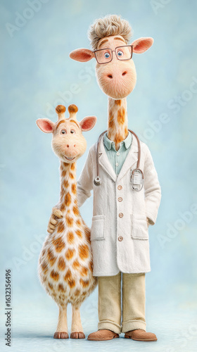 A cartoon giraffe doctor examines x-rays with an owl in this whimsical and playful illustration.