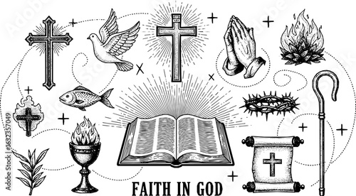 Faith in God, concept. Hand drawn Bible symbols collection in vintage engraving style. Sketch vector illustration