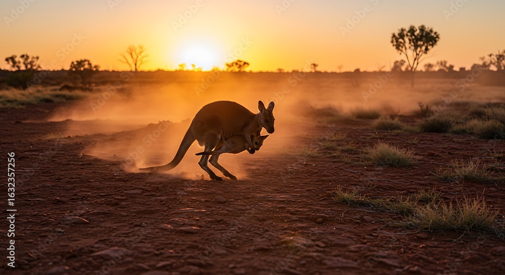 Kangaroos bounding through the Australian outback at sunrise with vibrant golden light and dusty atmosphere Kangaroos bounding through the Australian outback at sunrise with vibrant golden light and dusty atmosphere