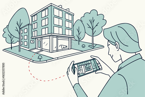Man viewing building on smartphone with trees and street in a modern architectural style design style