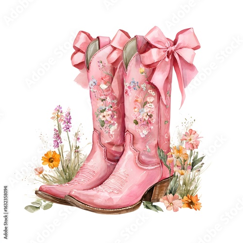 Pink Cowgirl Boots and Hat Watercolor Clipart – Feminine Western Floral Illustration with Roses, Feathers and Cactus