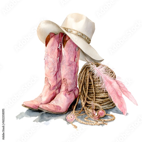 Pink Cowgirl Boots and Hat Watercolor Clipart – Feminine Western Floral Illustration with Roses, Feathers and Cactus