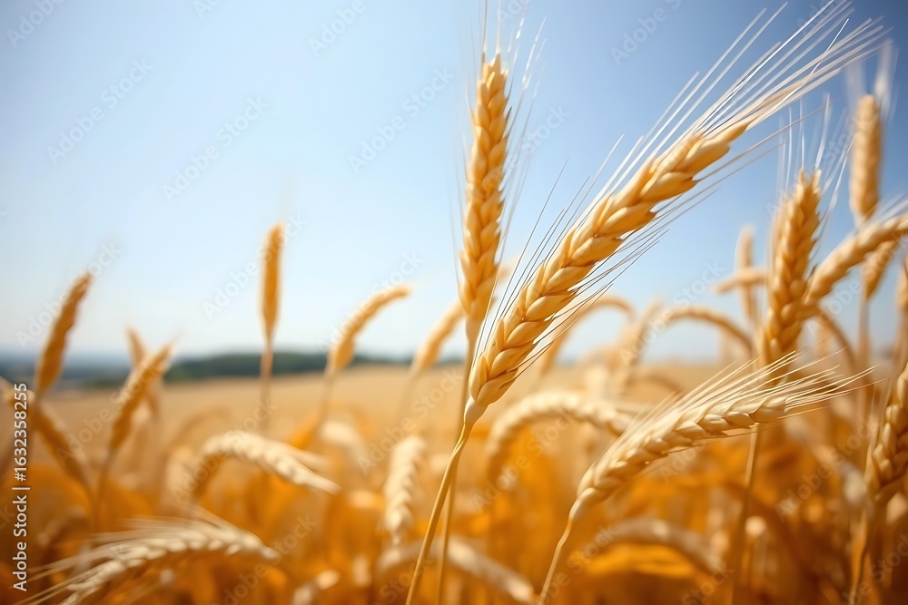 Fototapeta premium Golden wheat field under a clear blue sky, ready for harvest