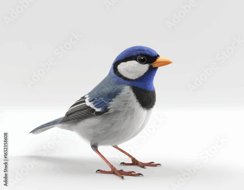 Bueautiful small bird vector with gray background. A high-quality, professional vector features a detailed figurine of a cartoonish blue and white bird. 
