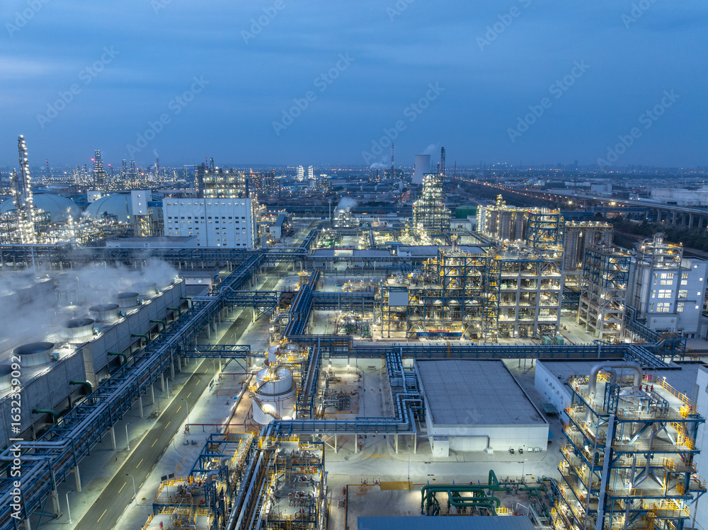 Obraz premium areial view oil refinery at night